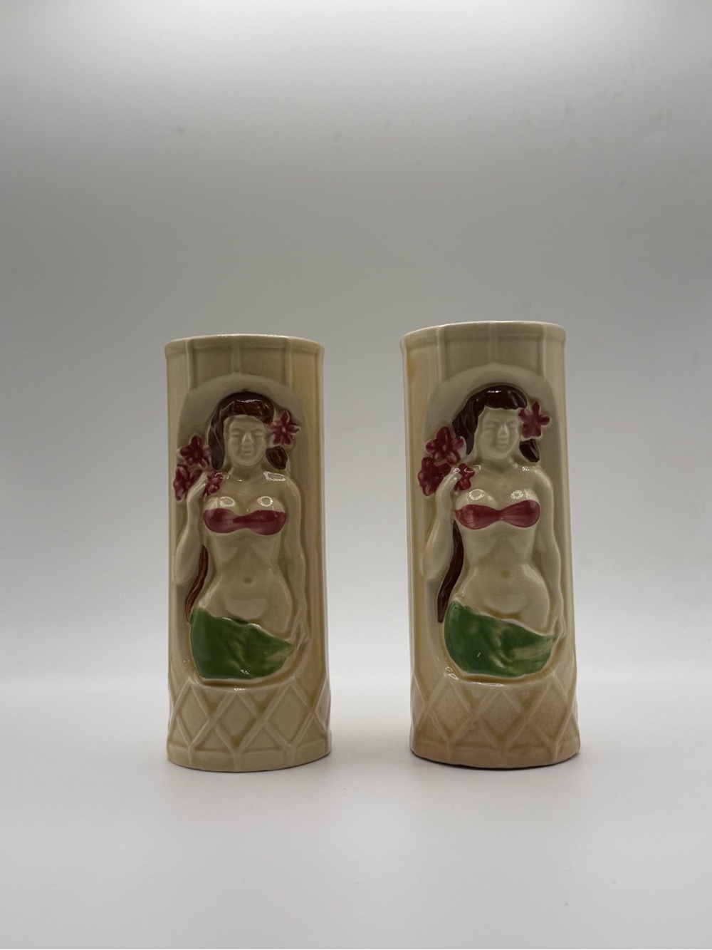 Vintage Ceramic Hulu Girl Tiki Mugs/Vases - Set of 2.
